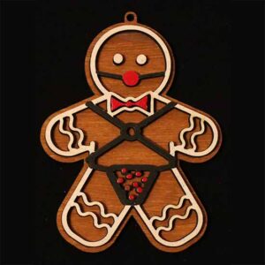 Gingerbread man wearing bondage gear with ball gag