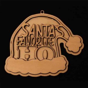 A Christmas Ornament in the shape of Santa's Hat with the words "Santa's Favorite Ho"