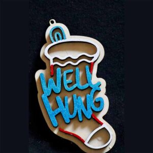 Image of a Christmas stocking with text saying "Well Hung"